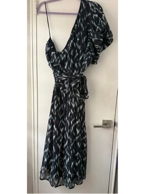 Lane Bryant One Shoulder Print Midi Dress Blue Bubble-Sleeve Ikat Sz 28 $110